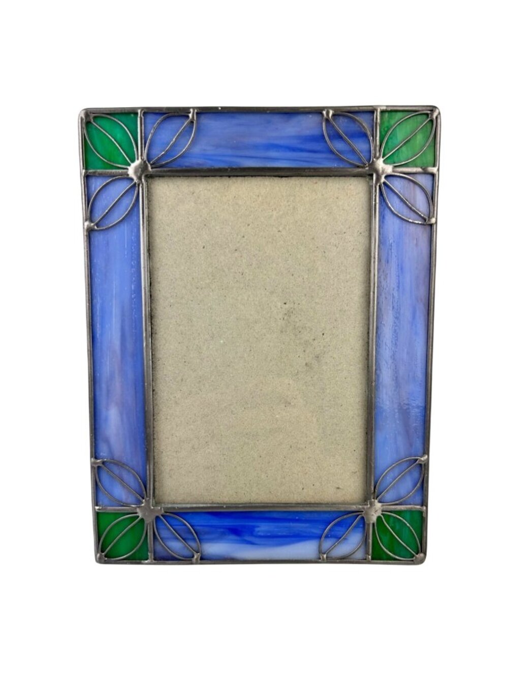 Vintage Stained Glass & Metal Picture Frame Blue Green Silver Home Decor